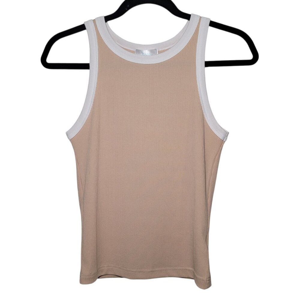 Salty Wave Ribbed Ringer Tank Top Beige Tan High Neck Racerback Small Coastal - Picture 3 of 8